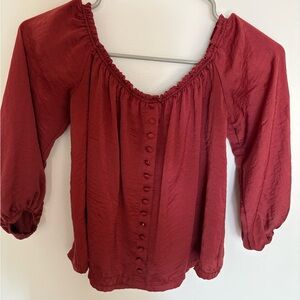 Women's Red Burgundy Off-The-Shoulder Button-Front Blouse